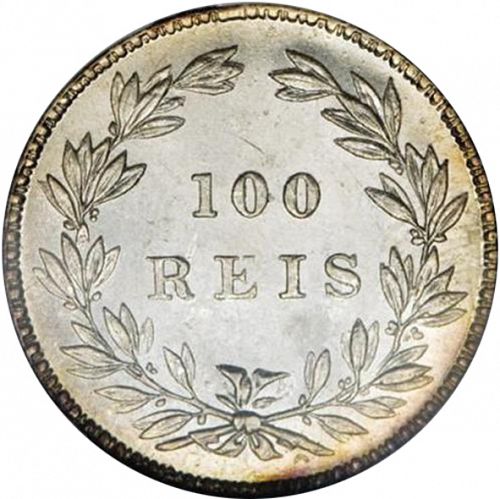 100 Réis ( Tostâo ) Reverse Image minted in PORTUGAL in 1858 (1853-61 - Pedro V)  - The Coin Database