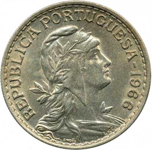 1 Escudo Obverse Image minted in PORTUGAL in 1966 (1910-01 - República)  - The Coin Database