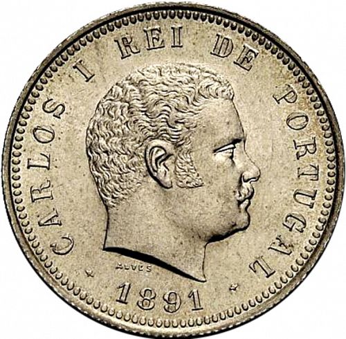 200 Réis ( Dois Tostôes ) Obverse Image minted in PORTUGAL in 1891 (1889-08 - Carlos I)  - The Coin Database