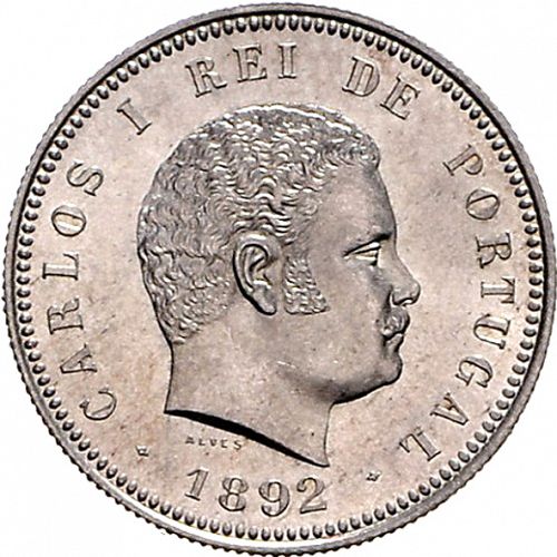 200 Réis ( Dois Tostôes ) Obverse Image minted in PORTUGAL in 1892 (1889-08 - Carlos I)  - The Coin Database