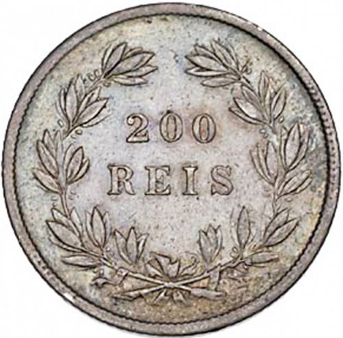 200 Réis ( 2 Tostôes ) Reverse Image minted in PORTUGAL in 1858 (1853-61 - Pedro V)  - The Coin Database
