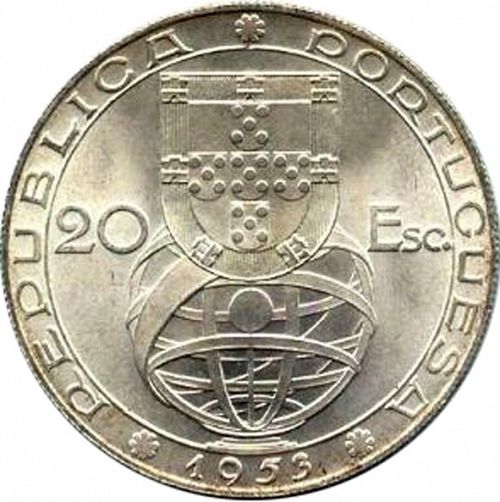 20 Escudos Obverse Image minted in PORTUGAL in 1953 (1910-01 - República)  - The Coin Database