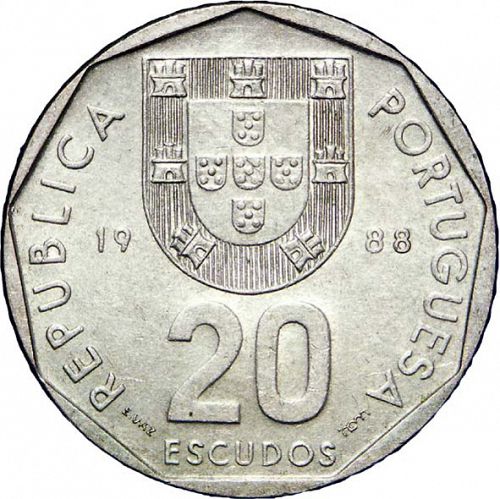 20 Escudos Obverse Image minted in PORTUGAL in 1988 (1986-01 - República <small> - New Design</small>)  - The Coin Database