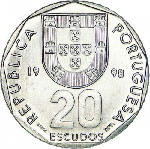 20 Escudos Obverse Image minted in PORTUGAL in 1998 (1986-01 - República <small> - New Design</small>)  - The Coin Database