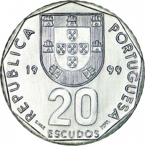 20 Escudos Obverse Image minted in PORTUGAL in 1999 (1986-01 - República <small> - New Design</small>)  - The Coin Database