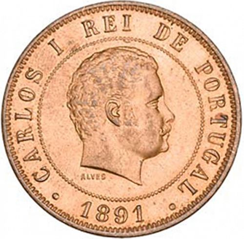 20 Réis ( Vintém ) Obverse Image minted in PORTUGAL in 1891 (1889-08 - Carlos I)  - The Coin Database