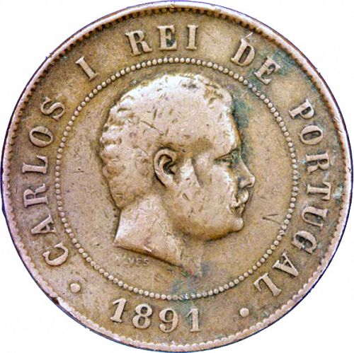 20 Réis ( Vintém ) Obverse Image minted in PORTUGAL in 1891A (1889-08 - Carlos I)  - The Coin Database