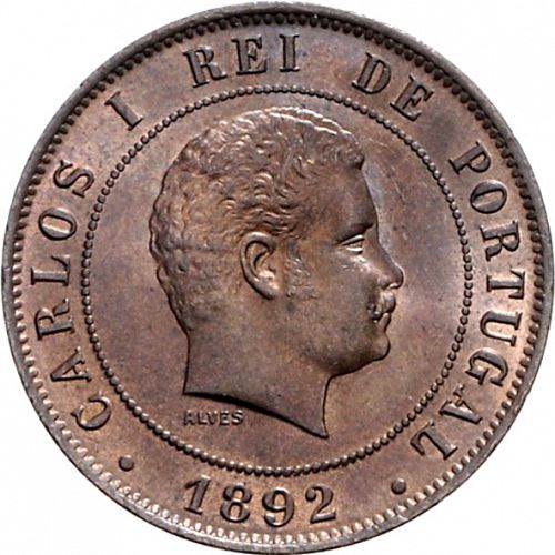 20 Réis ( Vintém ) Obverse Image minted in PORTUGAL in 1892 (1889-08 - Carlos I)  - The Coin Database