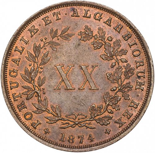 20 Réis ( Vintém ) Reverse Image minted in PORTUGAL in 1874 (1861-89 - Luis I)  - The Coin Database