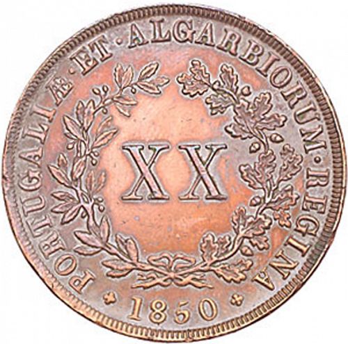20 Réis ( Vintém ) Reverse Image minted in PORTUGAL in 1850 (1835-53 - Maria II <small> - Decimal Coinage</small>)  - The Coin Database