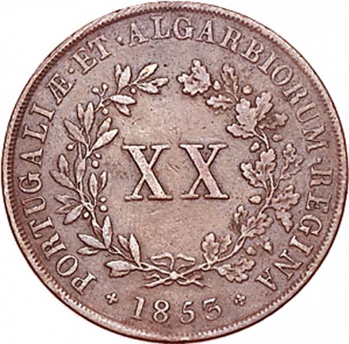 20 Réis ( Vintém ) Reverse Image minted in PORTUGAL in 1853 (1835-53 - Maria II <small> - Decimal Coinage</small>)  - The Coin Database