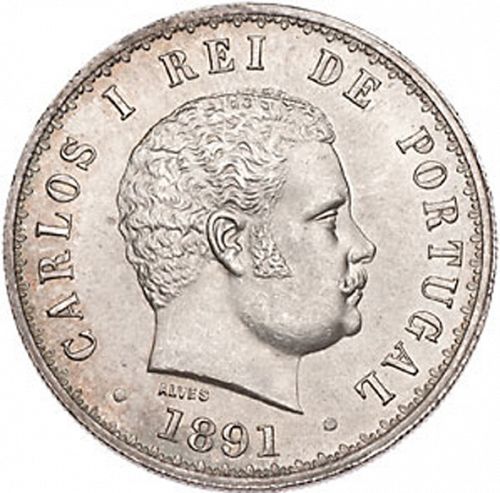 500 Réis ( Cinco Tostôes ) Obverse Image minted in PORTUGAL in 1891 (1889-08 - Carlos I)  - The Coin Database