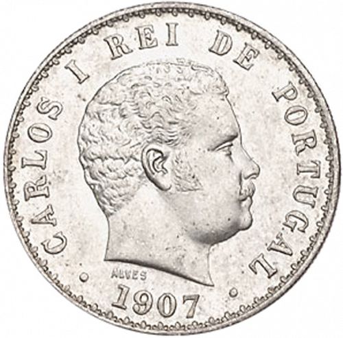 500 Réis ( Cinco Tostôes ) Obverse Image minted in PORTUGAL in 1907 (1889-08 - Carlos I)  - The Coin Database