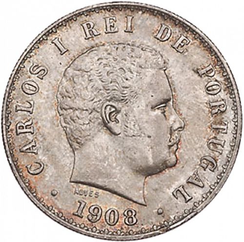 500 Réis ( Cinco Tostôes ) Obverse Image minted in PORTUGAL in 1908 (1889-08 - Carlos I)  - The Coin Database