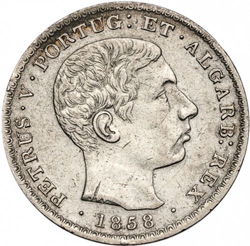 500 Réis ( 5 Tostôes ) Obverse Image minted in PORTUGAL in 1858 (1853-61 - Pedro V)  - The Coin Database