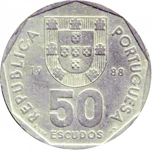 50 Escudos Obverse Image minted in PORTUGAL in 1988 (1986-01 - República <small> - New Design</small>)  - The Coin Database