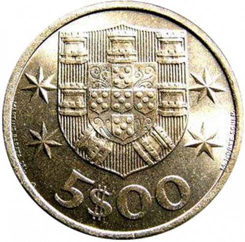 5 Escudos Reverse Image minted in PORTUGAL in 1965 (1910-01 - República)  - The Coin Database