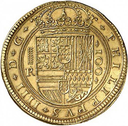 100 Escudos Obverse Image minted in SPAIN in 1633R (1621-65  -  FELIPE IV)  - The Coin Database