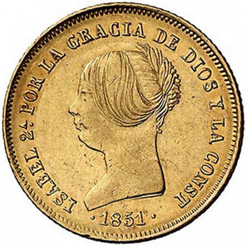 100 Reales Obverse Image minted in SPAIN in 1851CL (1849-64  -  ISABEL II - Decimal Coinage)  - The Coin Database
