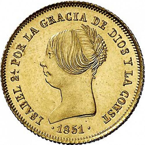 100 Reales Obverse Image minted in SPAIN in 1851 (1849-64  -  ISABEL II - Decimal Coinage)  - The Coin Database