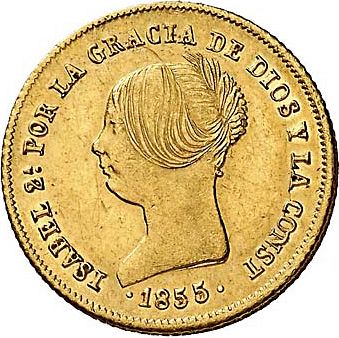 100 Reales Obverse Image minted in SPAIN in 1855 (1849-64  -  ISABEL II - Decimal Coinage)  - The Coin Database