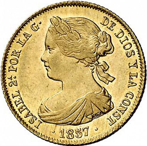 100 Reales Obverse Image minted in SPAIN in 1857 (1849-64  -  ISABEL II - Decimal Coinage)  - The Coin Database
