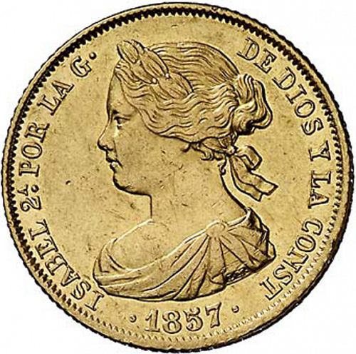 100 Reales Obverse Image minted in SPAIN in 1857 (1849-64  -  ISABEL II - Decimal Coinage)  - The Coin Database