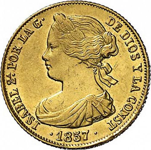 100 Reales Obverse Image minted in SPAIN in 1857 (1849-64  -  ISABEL II - Decimal Coinage)  - The Coin Database