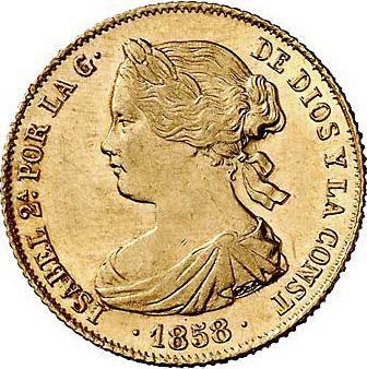 100 Reales Obverse Image minted in SPAIN in 1858 (1849-64  -  ISABEL II - Decimal Coinage)  - The Coin Database