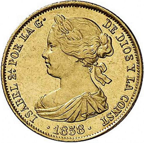 100 Reales Obverse Image minted in SPAIN in 1858 (1849-64  -  ISABEL II - Decimal Coinage)  - The Coin Database