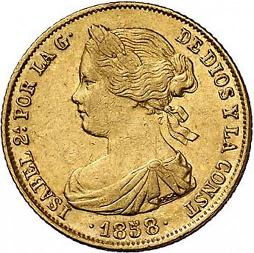 100 Reales Obverse Image minted in SPAIN in 1858 (1849-64  -  ISABEL II - Decimal Coinage)  - The Coin Database