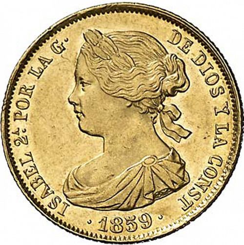 100 Reales Obverse Image minted in SPAIN in 1859 (1849-64  -  ISABEL II - Decimal Coinage)  - The Coin Database