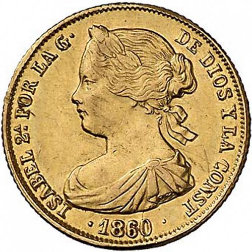 100 Reales Obverse Image minted in SPAIN in 1860 (1849-64  -  ISABEL II - Decimal Coinage)  - The Coin Database