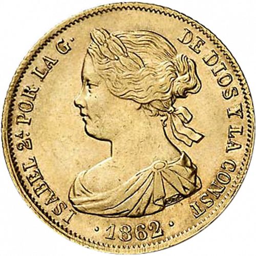 100 Reales Obverse Image minted in SPAIN in 1862 (1849-64  -  ISABEL II - Decimal Coinage)  - The Coin Database