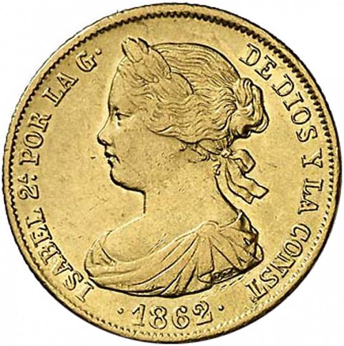 100 Reales Obverse Image minted in SPAIN in 1862 (1849-64  -  ISABEL II - Decimal Coinage)  - The Coin Database