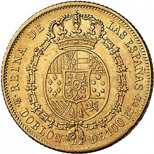 100 Reales Reverse Image minted in SPAIN in 1851CL (1849-64  -  ISABEL II - Decimal Coinage)  - The Coin Database