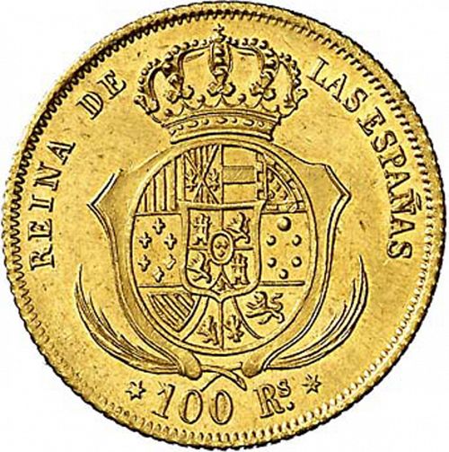 100 Reales Reverse Image minted in SPAIN in 1856 (1849-64  -  ISABEL II - Decimal Coinage)  - The Coin Database