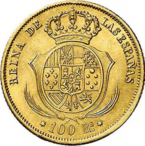 100 Reales Reverse Image minted in SPAIN in 1856 (1849-64  -  ISABEL II - Decimal Coinage)  - The Coin Database