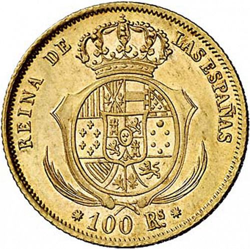 100 Reales Reverse Image minted in SPAIN in 1857 (1849-64  -  ISABEL II - Decimal Coinage)  - The Coin Database