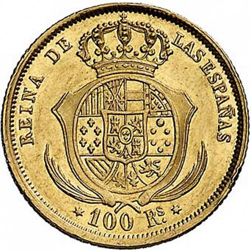 100 Reales Reverse Image minted in SPAIN in 1857 (1849-64  -  ISABEL II - Decimal Coinage)  - The Coin Database