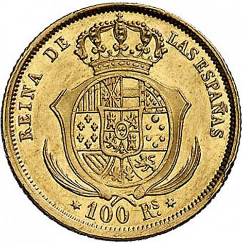 100 Reales Reverse Image minted in SPAIN in 1857 (1849-64  -  ISABEL II - Decimal Coinage)  - The Coin Database