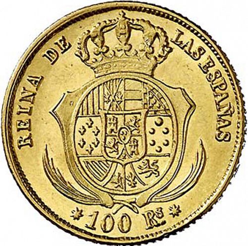 100 Reales Reverse Image minted in SPAIN in 1857 (1849-64  -  ISABEL II - Decimal Coinage)  - The Coin Database