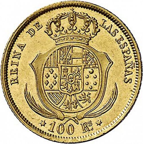 100 Reales Reverse Image minted in SPAIN in 1858 (1849-64  -  ISABEL II - Decimal Coinage)  - The Coin Database