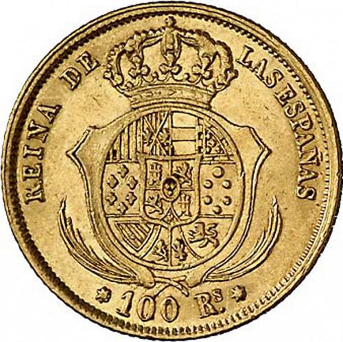 100 Reales Reverse Image minted in SPAIN in 1858 (1849-64  -  ISABEL II - Decimal Coinage)  - The Coin Database