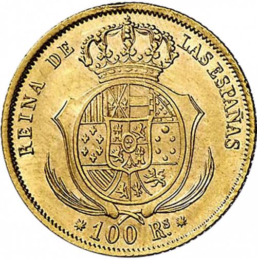 100 Reales Reverse Image minted in SPAIN in 1859 (1849-64  -  ISABEL II - Decimal Coinage)  - The Coin Database