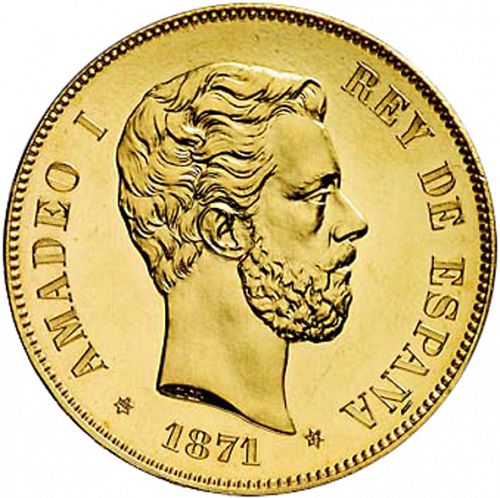 100 Pesetas Obverse Image minted in SPAIN in 1871 / 71 (1871-73  -  AMADEO I)  - The Coin Database
