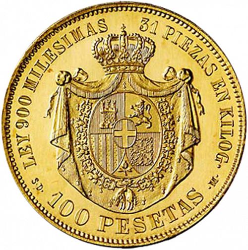 100 Pesetas Reverse Image minted in SPAIN in 1871 / 71 (1871-73  -  AMADEO I)  - The Coin Database