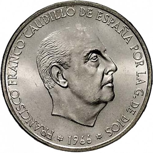 100 Pesetas Obverse Image minted in SPAIN in 1966 / 70 (1936-75  -  NATIONALIST GOVERMENT)  - The Coin Database