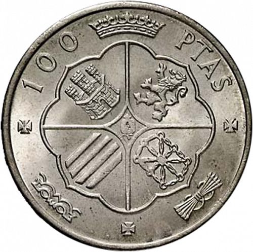 100 Pesetas Reverse Image minted in SPAIN in 1966 / 66 (1936-75  -  NATIONALIST GOVERMENT)  - The Coin Database