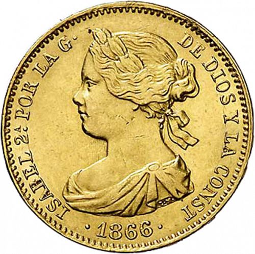 10 Escudos Obverse Image minted in SPAIN in 1866 (1865-68  -  ISABEL II - 2nd Decimal Coinage)  - The Coin Database